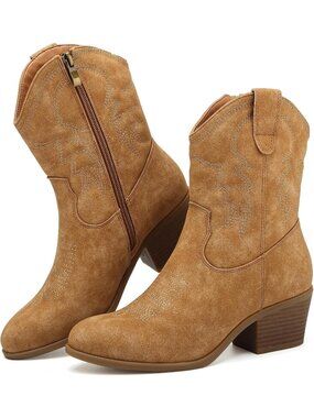 Women’s Tan Cowboy Boots Western Stitching Side Zip Block Heel Boots